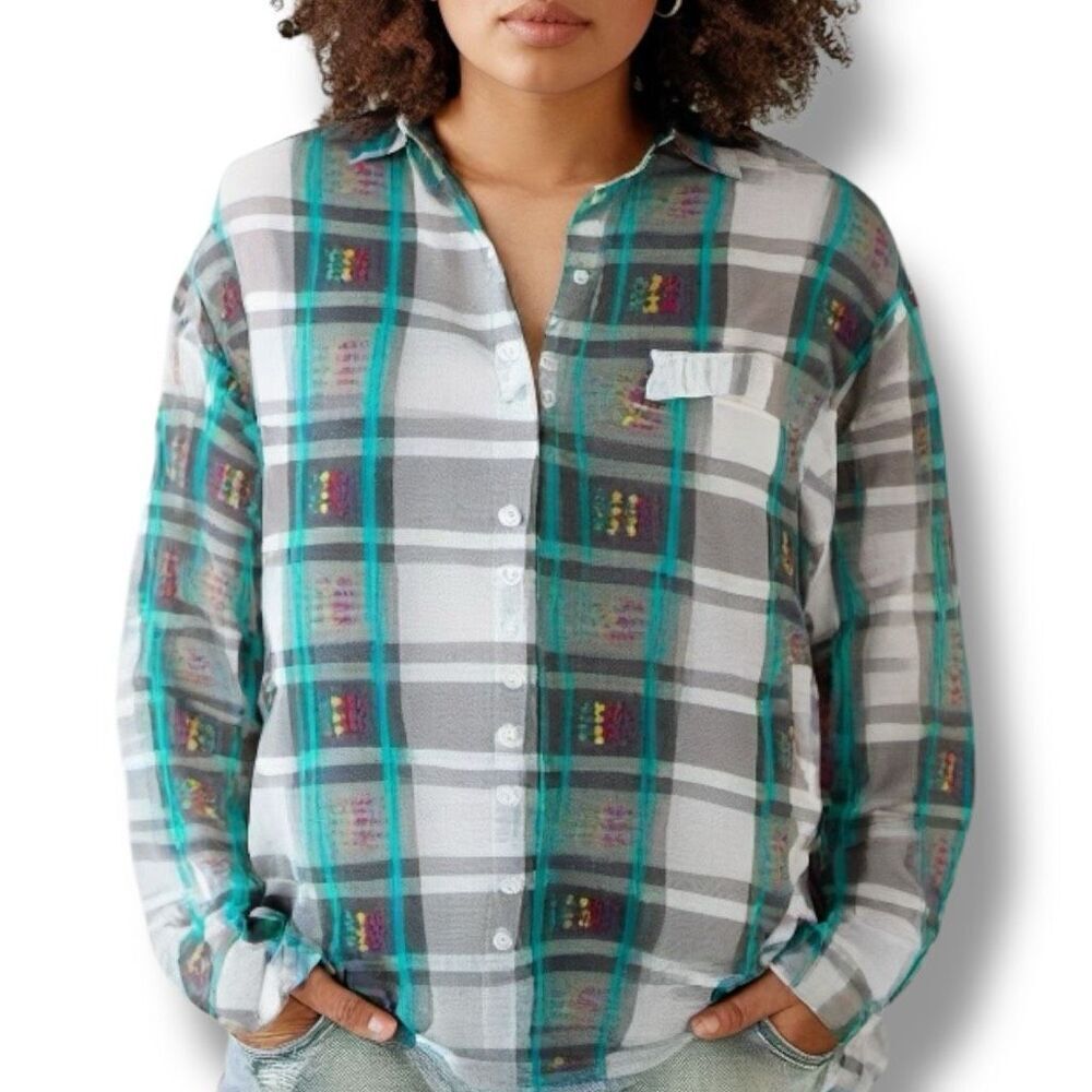 Vintage Jeans Wear Multicolor Embroidered Plaid Button-Up Long Sleeve Shirt